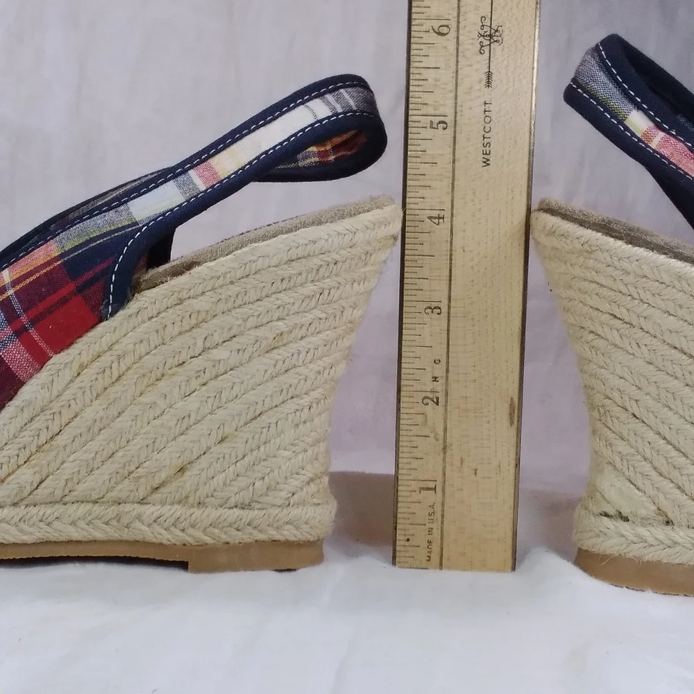 Sahara Buckley Plaid SANDALS Red White Blue Womens Size 10M Slingback Wedge Heel